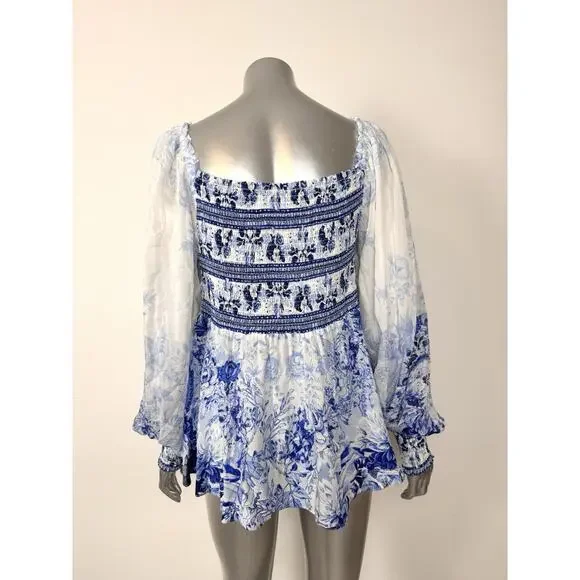 Camilla Silk Blouse Puff Sleeve Blue Floral Women’s Medium - Picture 5 of 10